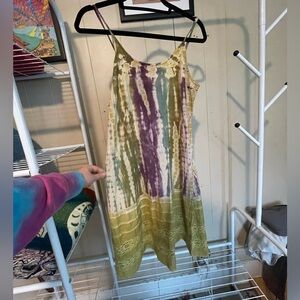 100% cotton tie dye dress with lace detail and adjustable straps. Sz M